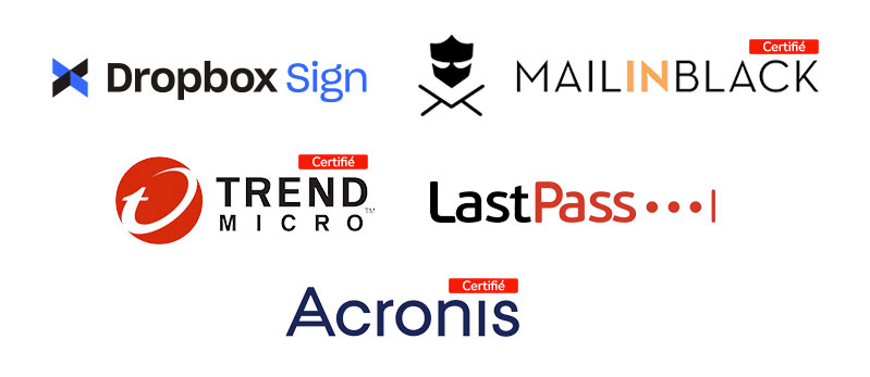 Logos des partenaires solutions : Trend Micro, Mail in Black, Dropbox Sign, Acronis, LastPass