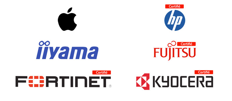 Logos des partenaires matériels : Fortinet, Kyocera, Fujitsu, Ilyama, HP, Apple