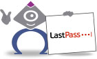 Personnage Synoméga qui tient une pancarte où l'on peut voir le logo LastPass