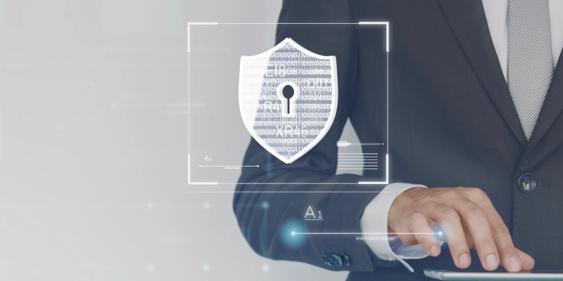 Cyberassurance : comment répondre aux exigences des assureurs en 2026 ? En arrière plan on voit le corps d'un homme en costume qui utilise une tablette tactile. Au premier plan, on aperçoit le symbole du bouclier qui fait ici référence à la cyberassurance.